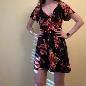 Deep V-Neck Black Dress with Flowers